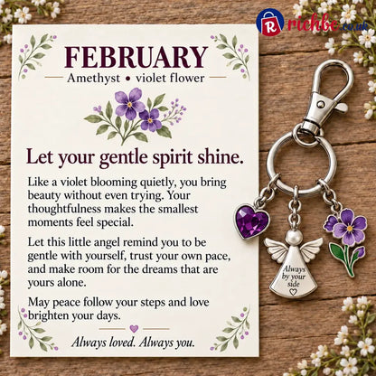 ⏳ Last Day 49% OFF, 👼 Always By Your Side: Birth Month Angel & Flower Keychain + Keepsake Card 🌸 - 💜 February: Amethyst