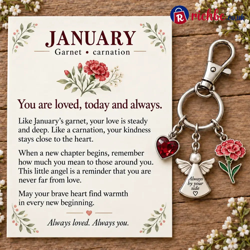 ⏳ Last Day 49% OFF, 👼 Always By Your Side: Birth Month Angel & Flower Keychain + Keepsake Card 🌸 - ❄️ January: Garnet &