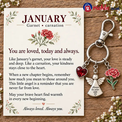 ⏳ Last Day 49% OFF, 👼 Always By Your Side: Birth Month Angel & Flower Keychain + Keepsake Card 🌸 - ❄️ January: Garnet &