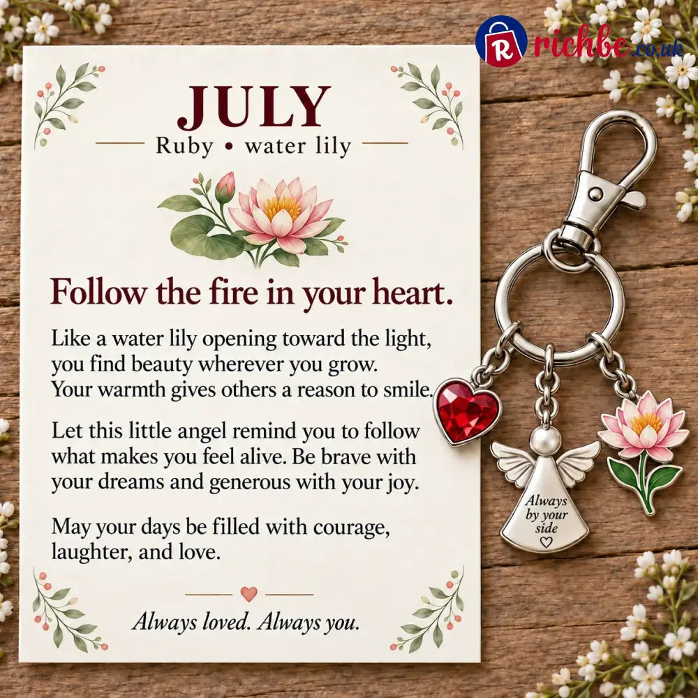 ⏳ Last Day 49% OFF, 👼 Always By Your Side: Birth Month Angel & Flower Keychain + Keepsake Card 🌸 - 🌊 July: Ruby & Water
