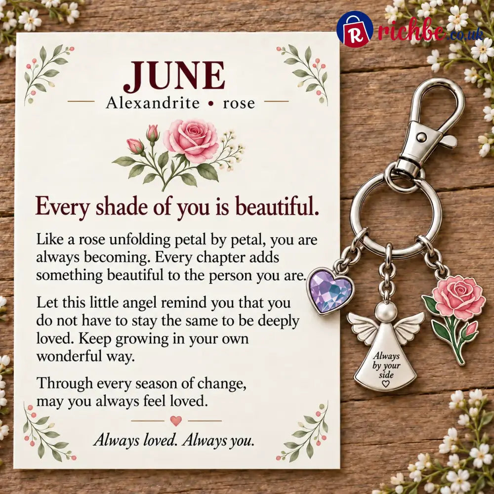 ⏳ Last Day 49% OFF, 👼 Always By Your Side: Birth Month Angel & Flower Keychain + Keepsake Card 🌸 - 🌹 June: Alexandrite
