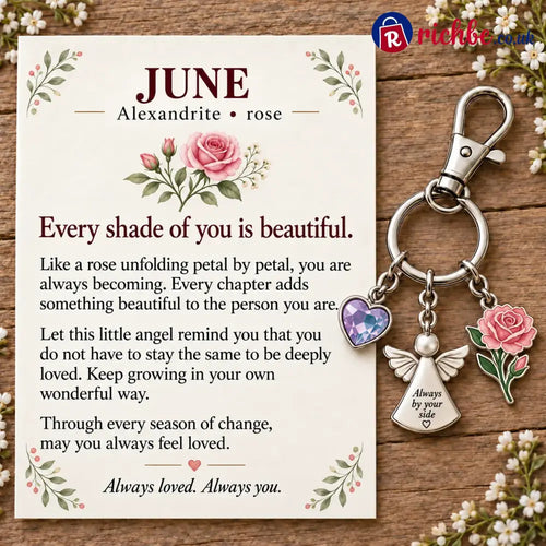 ⏳ Last Day 49% OFF, 👼 Always By Your Side: Birth Month Angel & Flower Keychain + Keepsake Card 🌸 - 🌹 June: Alexandrite