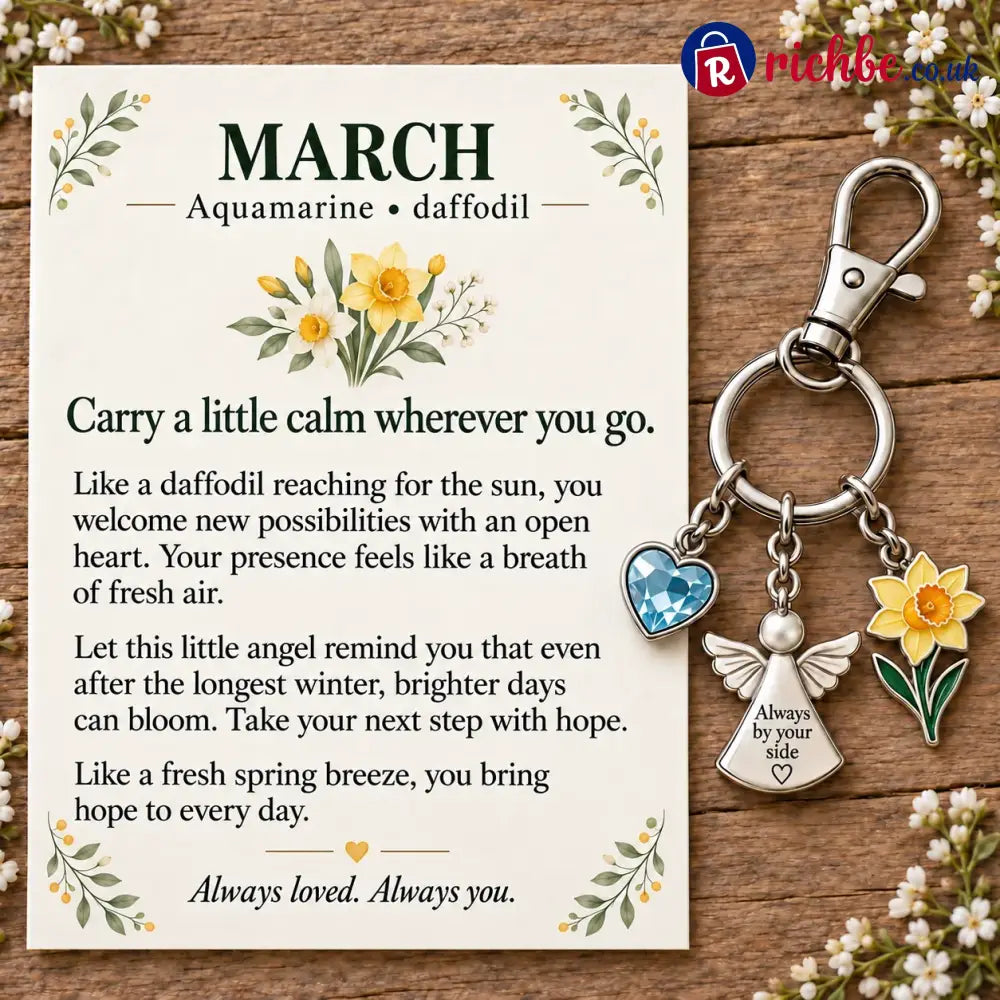 ⏳ Last Day 49% OFF, 👼 Always By Your Side: Birth Month Angel & Flower Keychain + Keepsake Card 🌸 - 🌼 March: Aquamarine