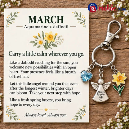 ⏳ Last Day 49% OFF, 👼 Always By Your Side: Birth Month Angel & Flower Keychain + Keepsake Card 🌸 - 🌼 March: Aquamarine