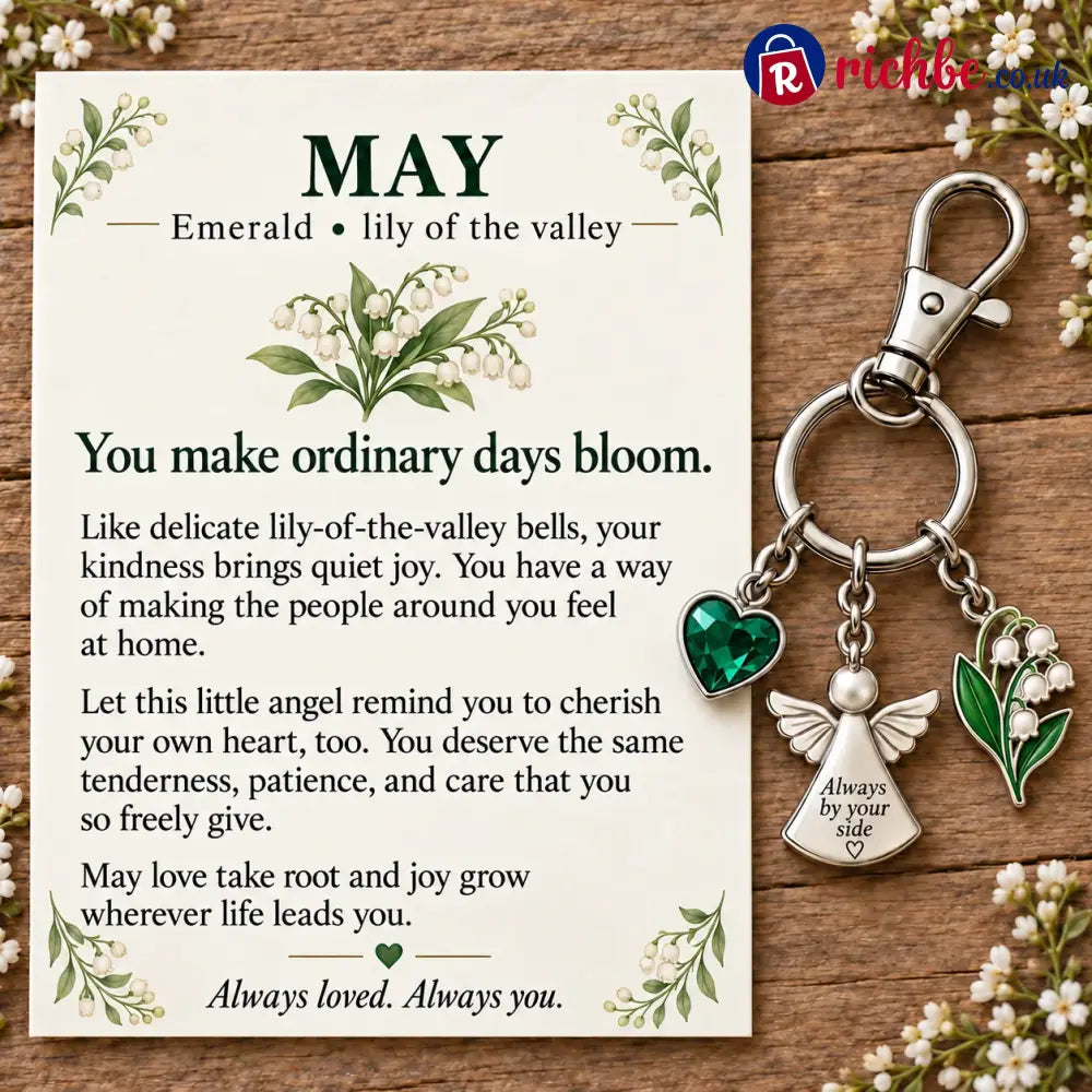 ⏳ Last Day 49% OFF, 👼 Always By Your Side: Birth Month Angel & Flower Keychain + Keepsake Card 🌸 - 🌿 May: Emerald &