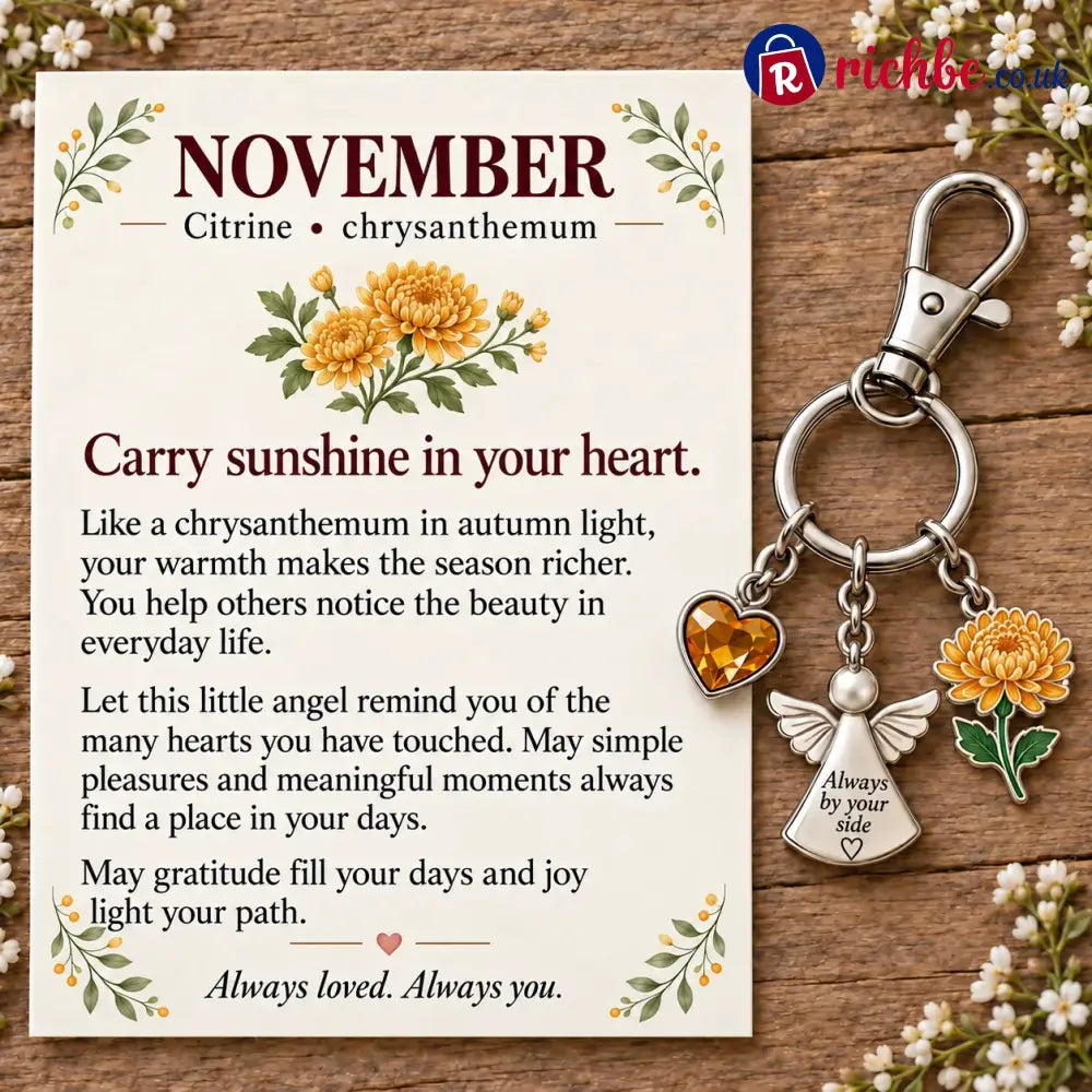 ⏳ Last Day 49% OFF, 👼 Always By Your Side: Birth Month Angel & Flower Keychain + Keepsake Card 🌸 - 🍁 November: Citrine