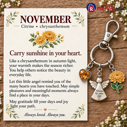 ⏳ Last Day 49% OFF, 👼 Always By Your Side: Birth Month Angel & Flower Keychain + Keepsake Card 🌸 - 🍁 November: Citrine