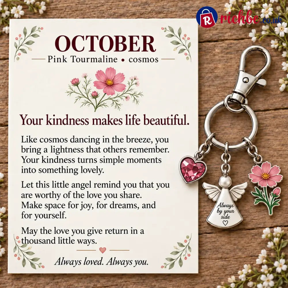 ⏳ Last Day 49% OFF, 👼 Always By Your Side: Birth Month Angel & Flower Keychain + Keepsake Card 🌸 - 🌸 October: Pink