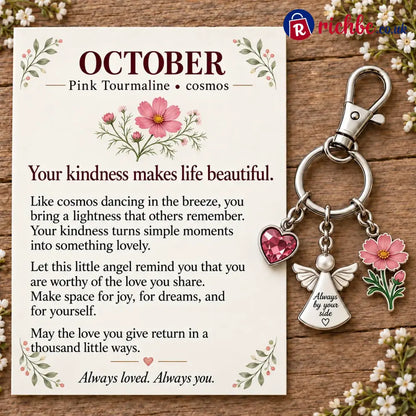 ⏳ Last Day 49% OFF, 👼 Always By Your Side: Birth Month Angel & Flower Keychain + Keepsake Card 🌸 - 🌸 October: Pink