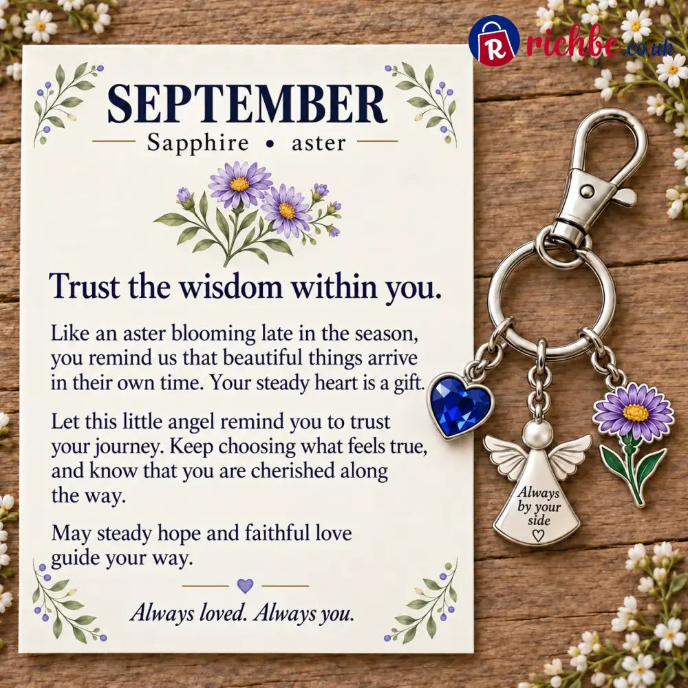 ⏳ Last Day 49% OFF, 👼 Always By Your Side: Birth Month Angel & Flower Keychain + Keepsake Card 🌸 - 🍂 September: