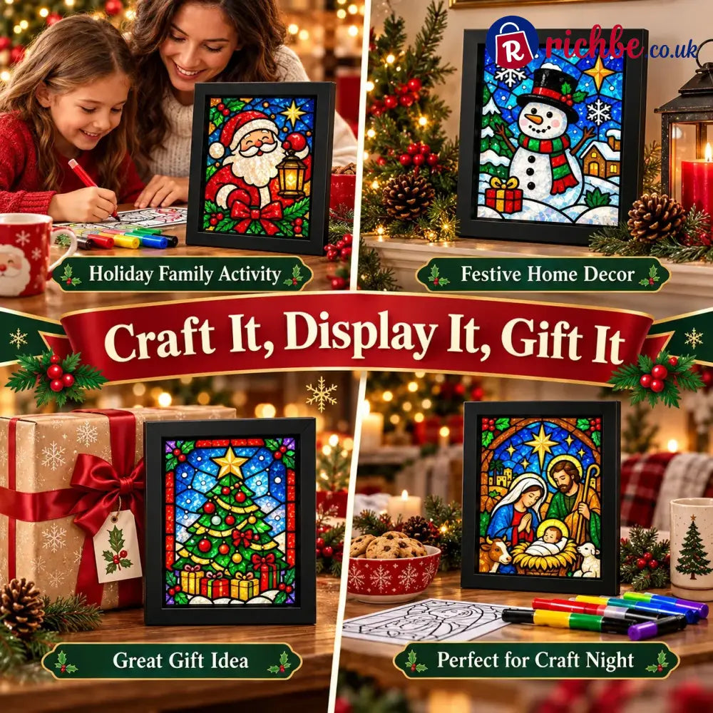 ⏳ Last Day 49% Off – 🎄beginner-friendly Christmas Stained Glass-style Frame Kit | 8 Festive Designs With Pens Foil &