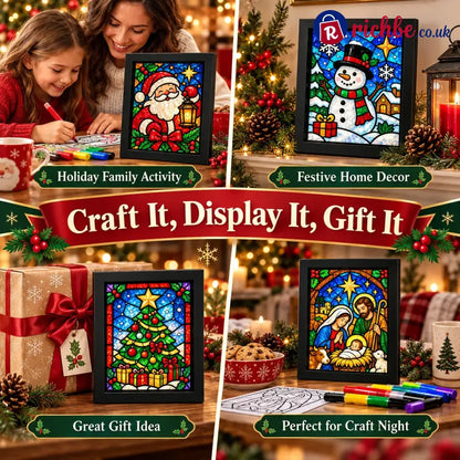 ⏳ Last Day 49% Off – 🎄beginner-friendly Christmas Stained Glass-style Frame Kit | 8 Festive Designs With Pens Foil &