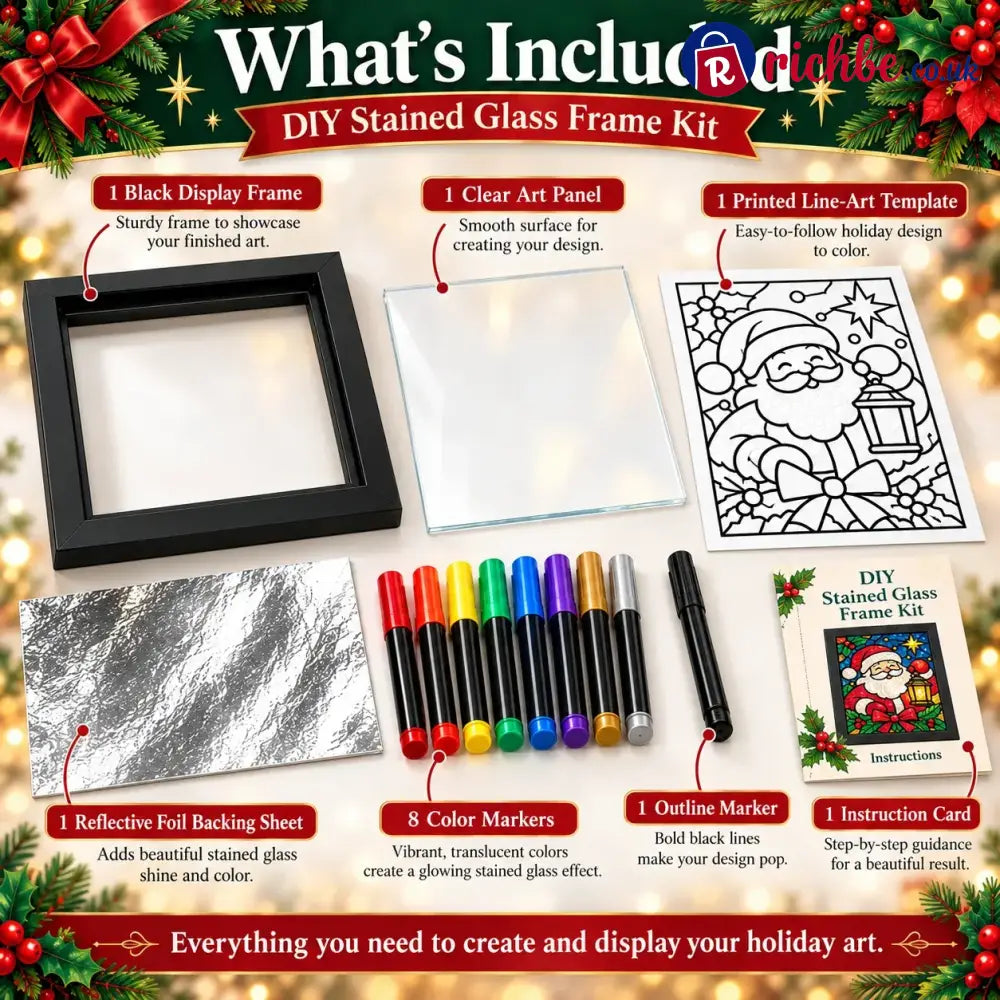 ⏳ Last Day 49% Off – 🎄beginner-friendly Christmas Stained Glass-style Frame Kit | 8 Festive Designs With Pens Foil &