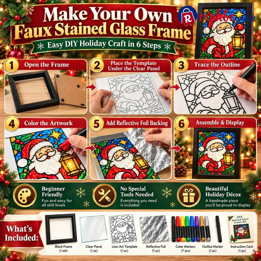 ⏳ Last Day 49% Off – 🎄beginner-friendly Christmas Stained Glass-style Frame Kit | 8 Festive Designs With Pens Foil &