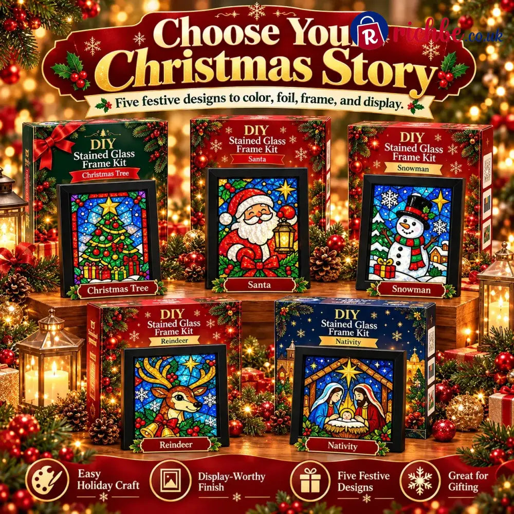 ⏳ Last Day 49% Off – 🎄beginner-friendly Christmas Stained Glass-style Frame Kit | 8 Festive Designs With Pens Foil &