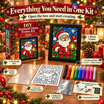 ⏳ Last Day 49% Off – 🎄beginner-friendly Christmas Stained Glass-style Frame Kit | 8 Festive Designs With Pens Foil &