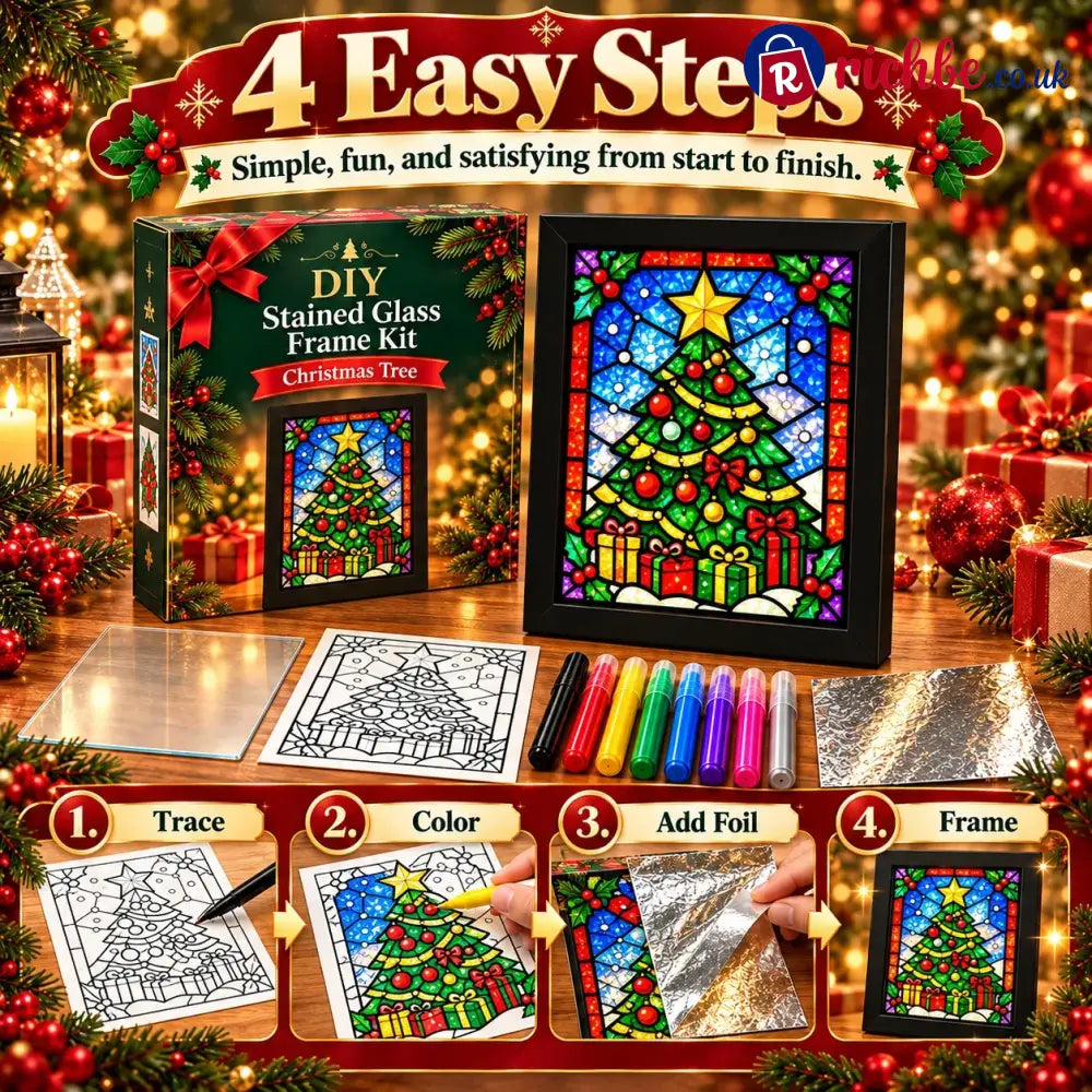 ⏳ Last Day 49% Off – 🎄beginner-friendly Christmas Stained Glass-style Frame Kit | 8 Festive Designs With Pens Foil &