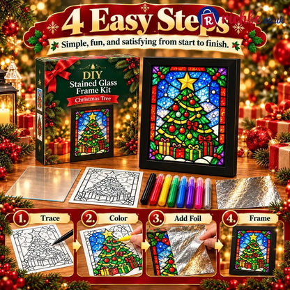 ⏳ Last Day 49% Off – 🎄beginner-friendly Christmas Stained Glass-style Frame Kit | 8 Festive Designs With Pens Foil &
