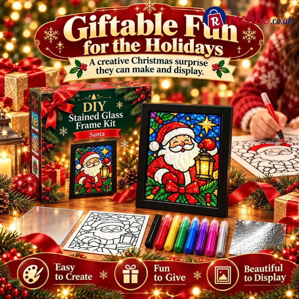 ⏳ Last Day 49% Off – 🎄beginner-friendly Christmas Stained Glass-style Frame Kit | 8 Festive Designs With Pens Foil &