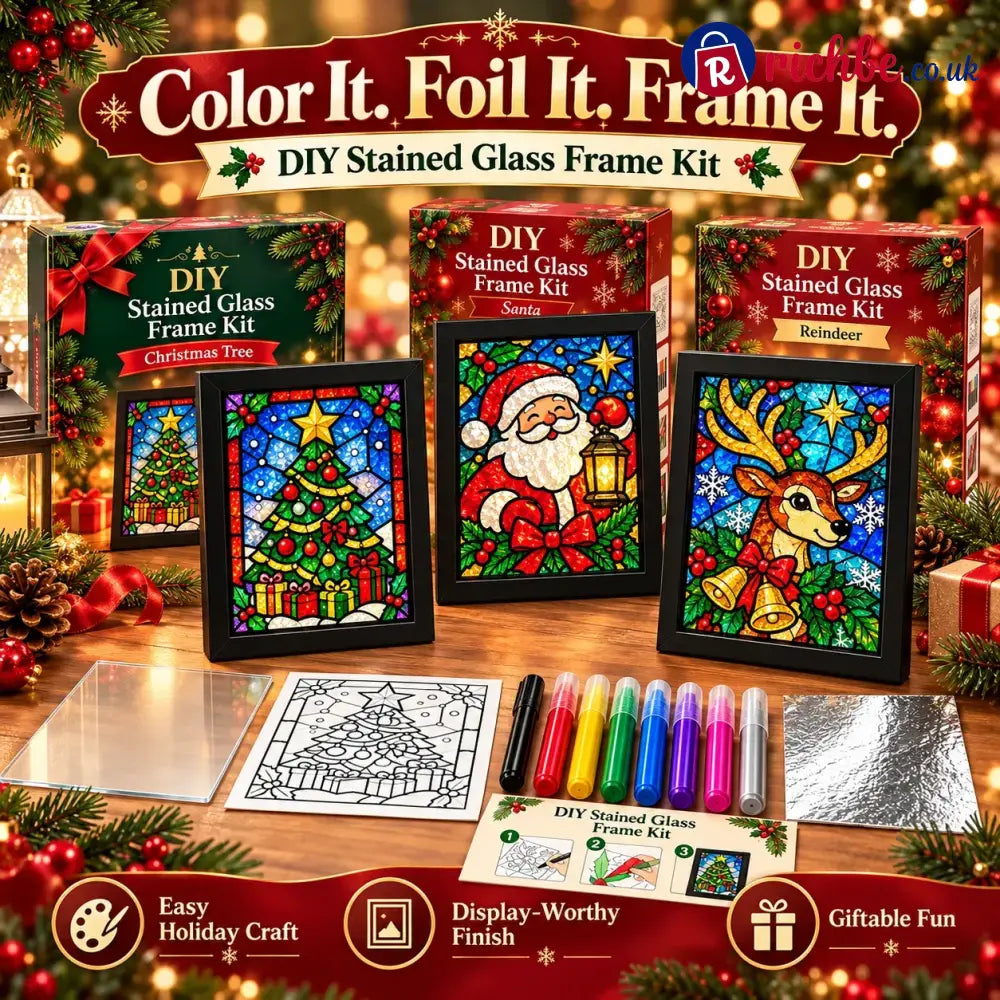 ⏳ Last Day 49% Off – 🎄beginner-friendly Christmas Stained Glass-style Frame Kit | 8 Festive Designs With Pens Foil &