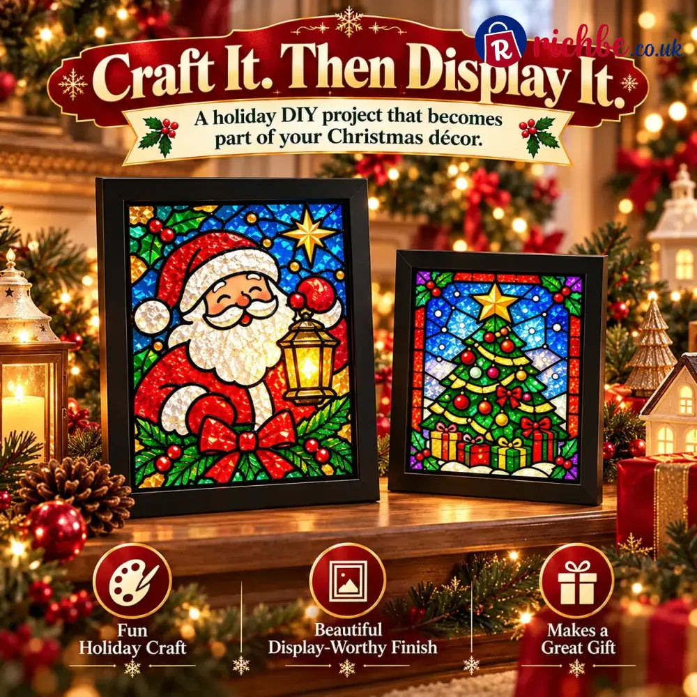 ⏳ Last Day 49% Off – 🎄beginner-friendly Christmas Stained Glass-style Frame Kit | 8 Festive Designs With Pens Foil &
