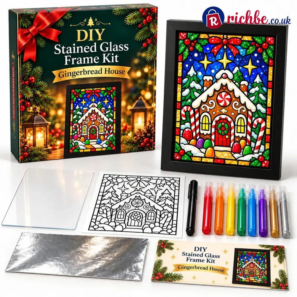 ⏳ Last Day 49% Off – 🎄beginner-friendly Christmas Stained Glass-style Frame Kit | 8 Festive Designs With Pens Foil &