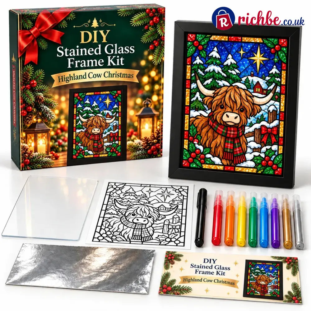 ⏳ Last Day 49% Off – 🎄beginner-friendly Christmas Stained Glass-style Frame Kit | 8 Festive Designs With Pens Foil &