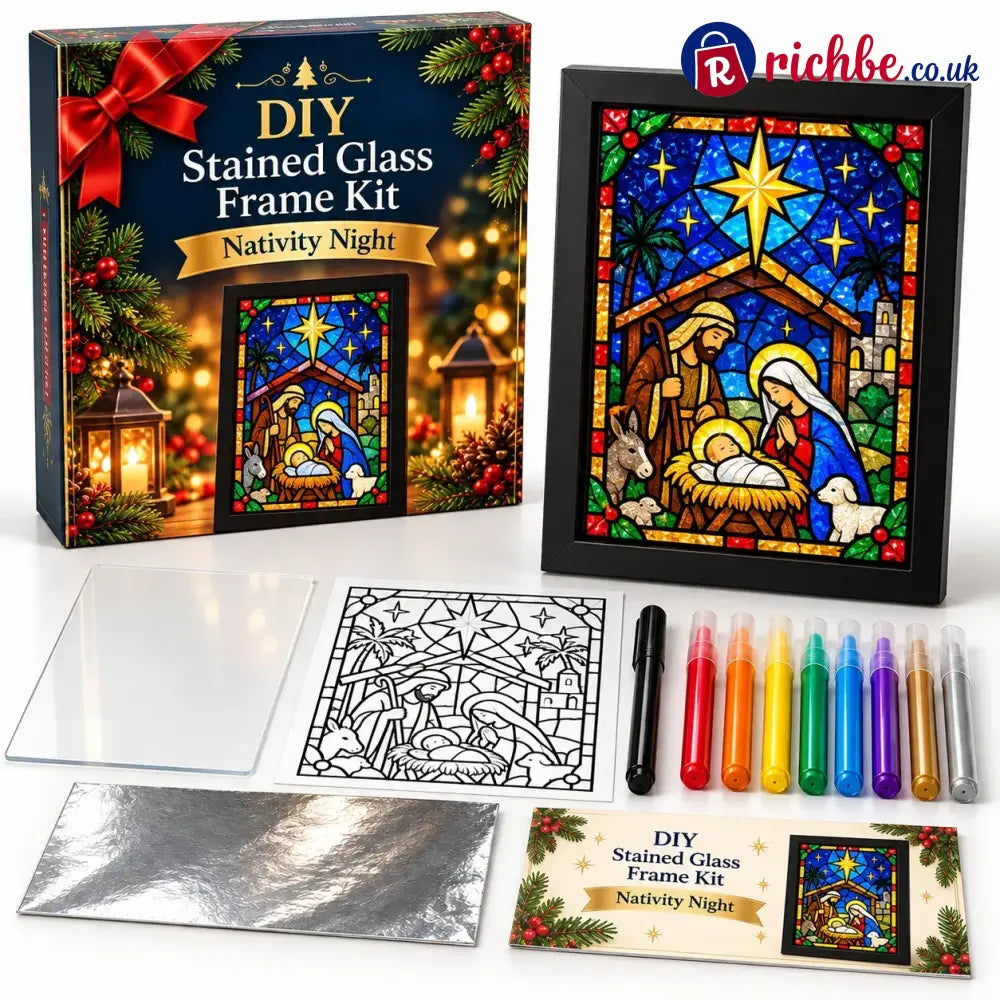 ⏳ Last Day 49% Off – 🎄beginner-friendly Christmas Stained Glass-style Frame Kit | 8 Festive Designs With Pens Foil &