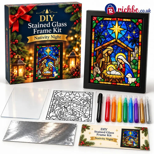 ⏳ Last Day 49% Off – 🎄beginner-friendly Christmas Stained Glass-style Frame Kit | 8 Festive Designs With Pens Foil &