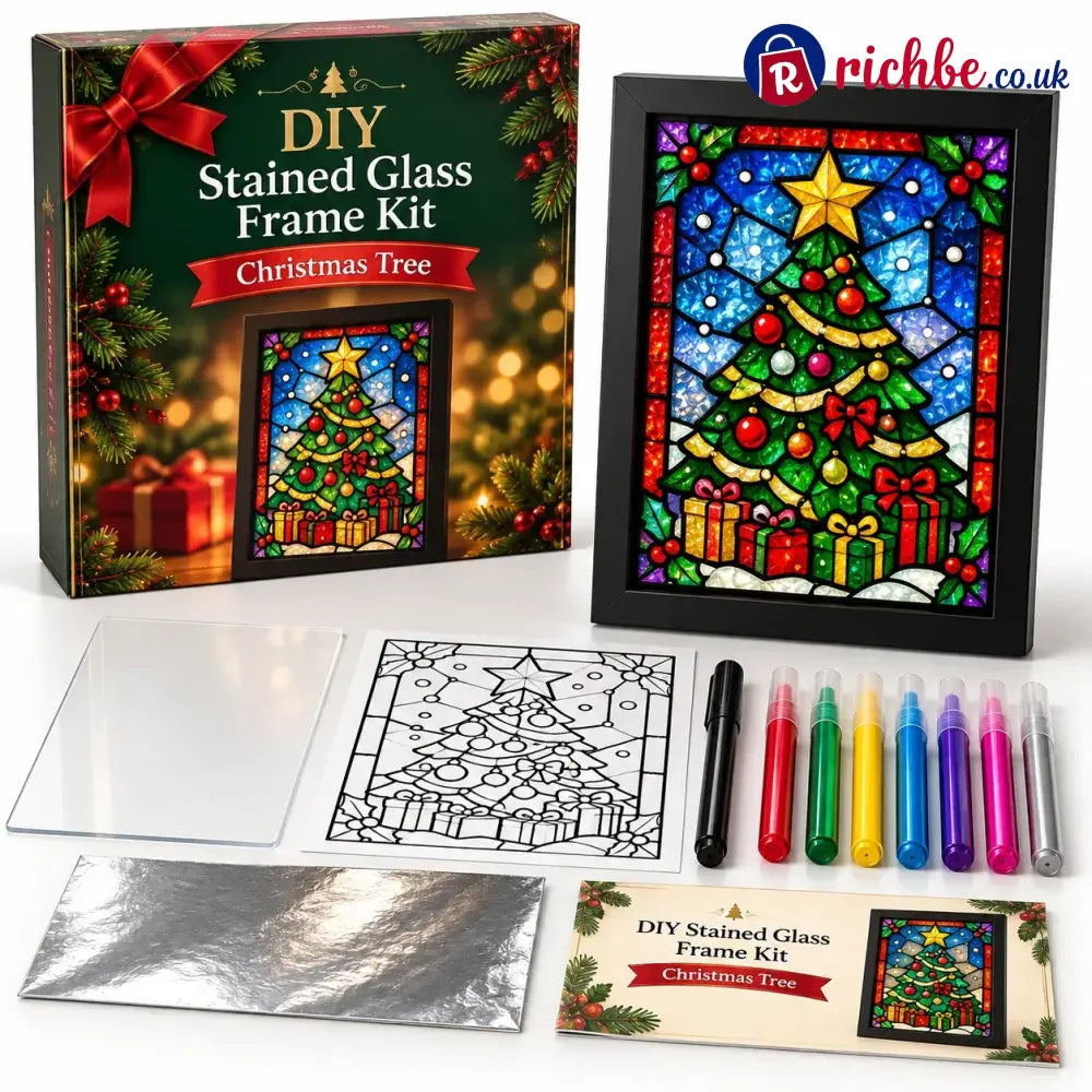 ⏳ Last Day 49% Off – 🎄beginner-friendly Christmas Stained Glass-style Frame Kit | 8 Festive Designs With Pens Foil &