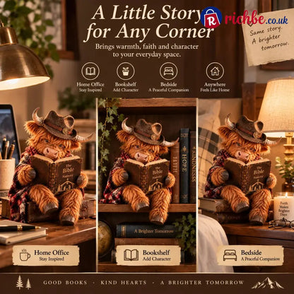 ⏳ Last Day 49% OFF – 🐮 Highland Cow Christmas Reader Figurine – Faith-Inspired Book Lover Gift