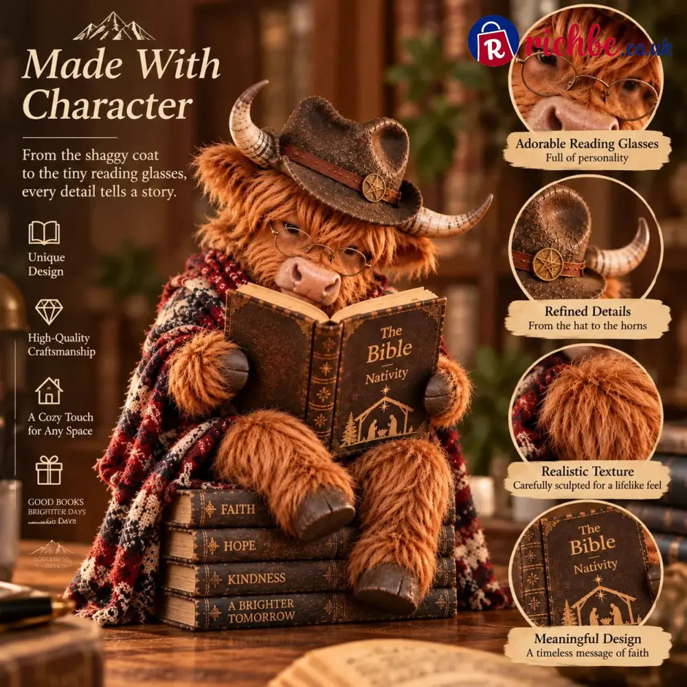 ⏳ Last Day 49% OFF – 🐮 Highland Cow Christmas Reader Figurine – Faith-Inspired Book Lover Gift