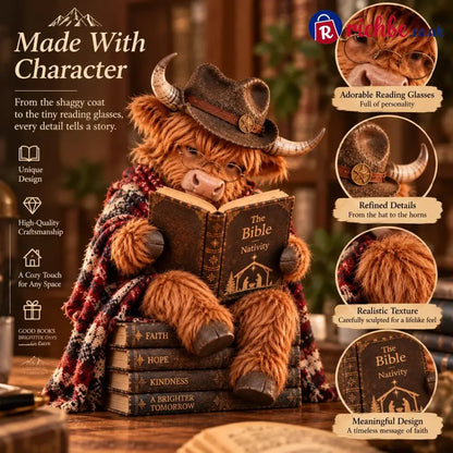 ⏳ Last Day 49% OFF – 🐮 Highland Cow Christmas Reader Figurine – Faith-Inspired Book Lover Gift