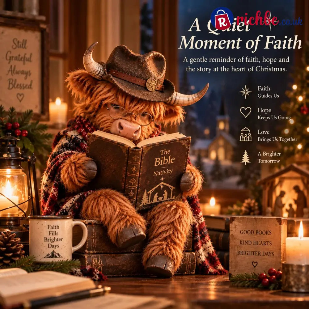 ⏳ Last Day 49% OFF – 🐮 Highland Cow Christmas Reader Figurine – Faith-Inspired Book Lover Gift