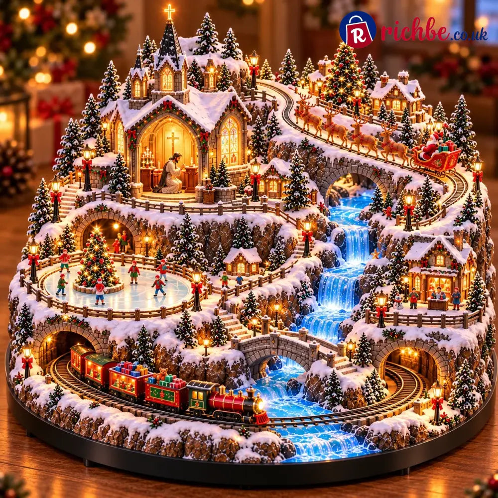 🔥 LAST DAY 49% OFF 🔥 Lighted Animated Christmas Village with Train Reindeer Sleigh & Waterfall ✨