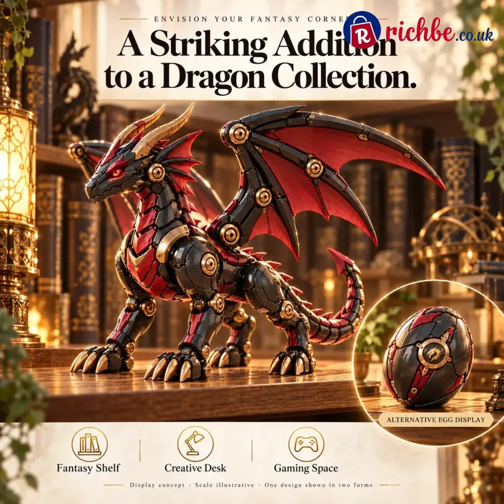 🔥LAST DAY 49% OFF -🐉 Mechanical Dragon Egg – Black & Crimson Dragon with Folding Wings & Armored Details⏳