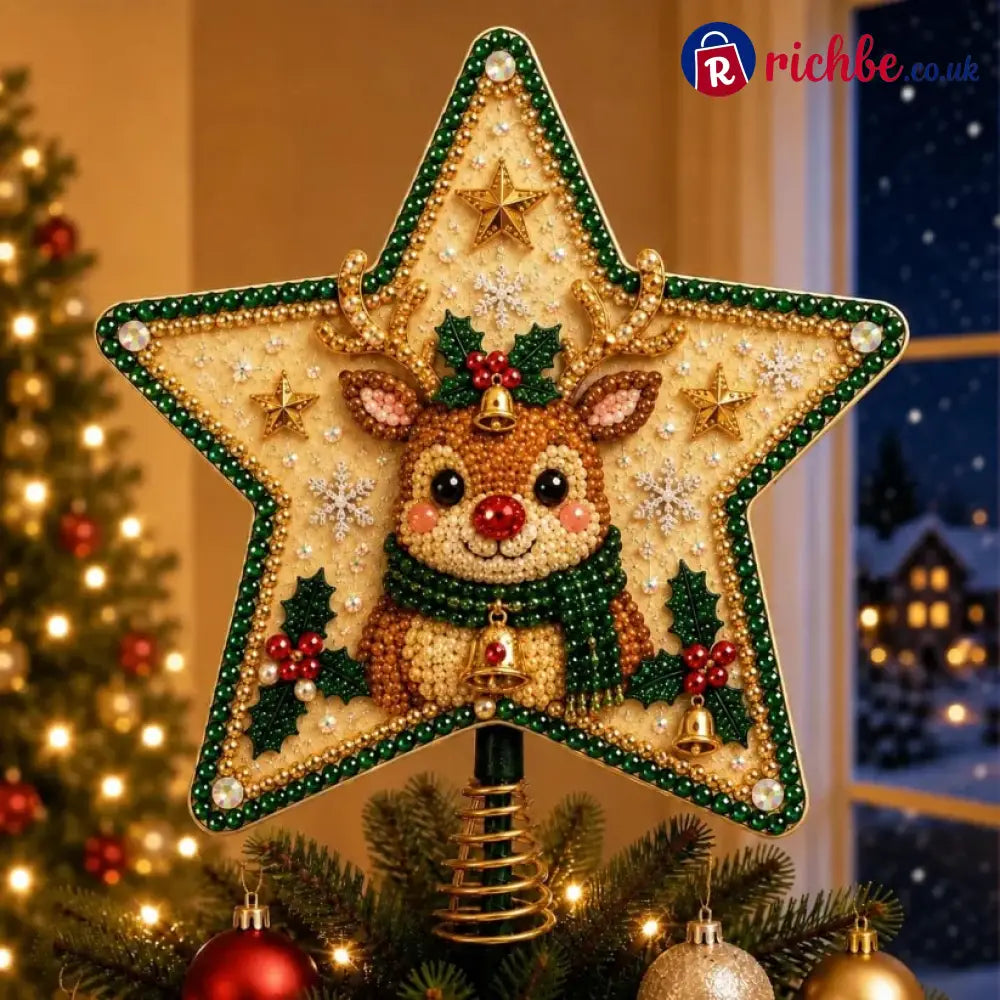 🔥Last Day 49% OFF - 🎄🎅Pearl Diamond Art Christmas Tree Topper Kit - 🦌 Reindeer / Approx. 8 in Diameter