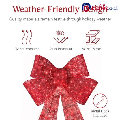 Pre-Lit Christmas Bow, Large Outdoor LED Lighted Holiday Décor w/ 8 Light Functions, Hook