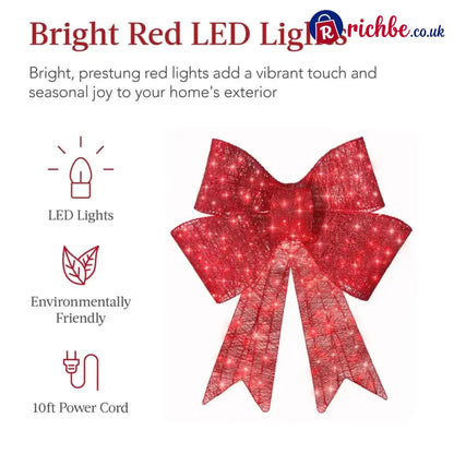 Pre-Lit Christmas Bow, Large Outdoor LED Lighted Holiday Décor w/ 8 Light Functions, Hook
