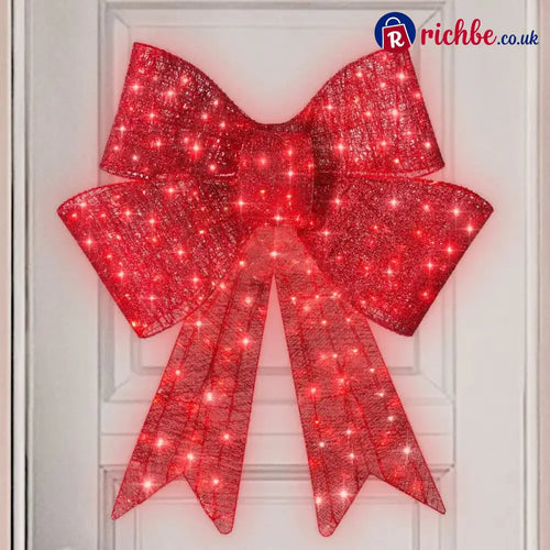 Pre-Lit Christmas Bow, Large Outdoor LED Lighted Holiday Décor w/ 8 Light Functions, Hook