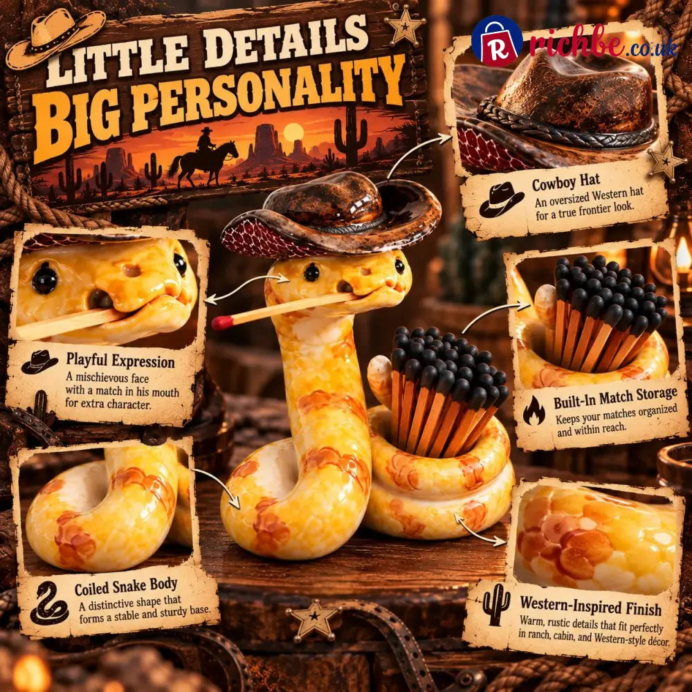 ⏳ Last Day 49% OFF – 🤠 The Cowboy Rattler Match Holder | Funny Western Snake Décor for Cabins Mantels & Bars 🐍 - Holder