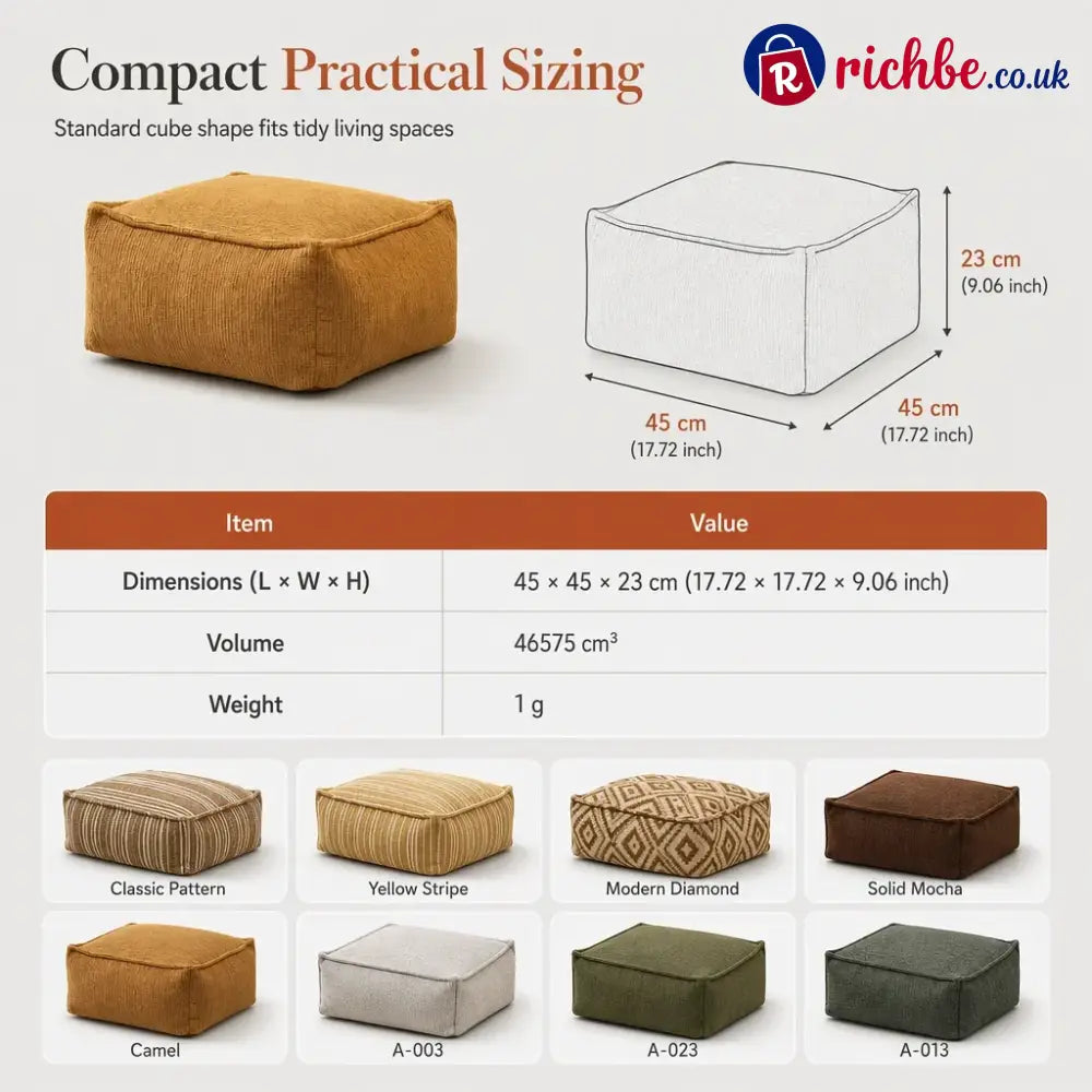 Unstuffed Square Pouf Cover | Storage Ottoman Slipcover for Living Room Bedroom & Clothes Storage Washable 45x45x23cm