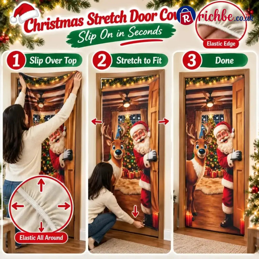⏰LAST DAY 50% OFF 🎄Stretch Christmas Door Cover – Santa & Reindeer Slip-On Door Decoration with 4-Side Elastic Edge