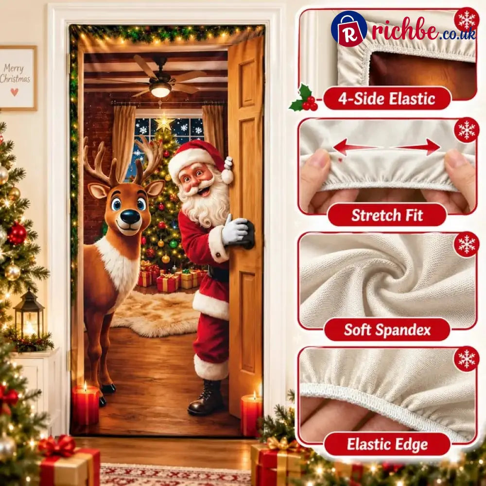 ⏰LAST DAY 50% OFF 🎄Stretch Christmas Door Cover – Santa & Reindeer Slip-On Door Decoration with 4-Side Elastic Edge