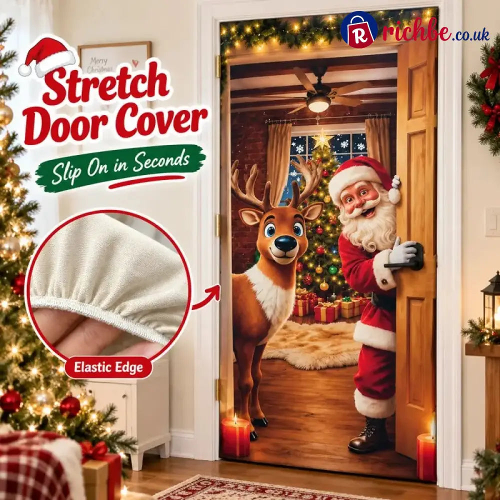 ⏰LAST DAY 50% OFF 🎄Stretch Christmas Door Cover – Santa & Reindeer Slip-On Door Decoration with 4-Side Elastic Edge
