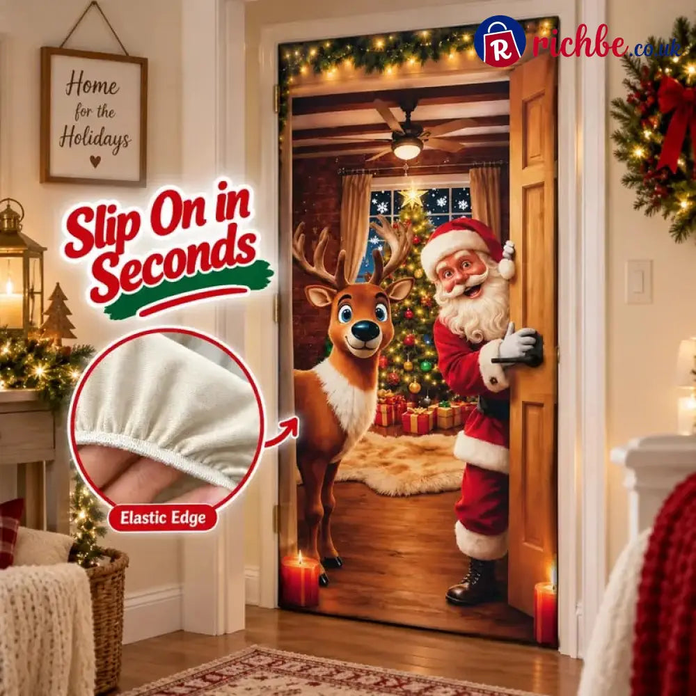 ⏰LAST DAY 50% OFF 🎄Stretch Christmas Door Cover – Santa & Reindeer Slip-On Door Decoration with 4-Side Elastic Edge