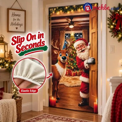 ⏰LAST DAY 50% OFF 🎄Stretch Christmas Door Cover – Santa & Reindeer Slip-On Door Decoration with 4-Side Elastic Edge