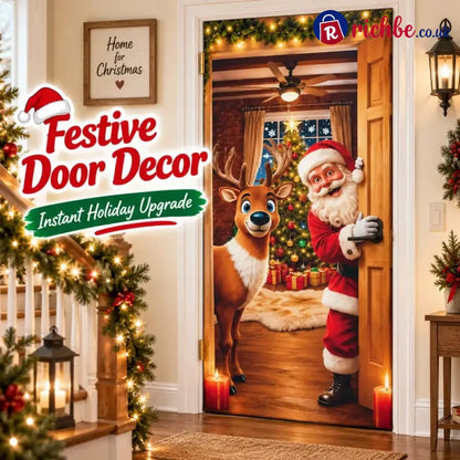 ⏰LAST DAY 50% OFF 🎄Stretch Christmas Door Cover – Santa & Reindeer Slip-On Door Decoration with 4-Side Elastic Edge