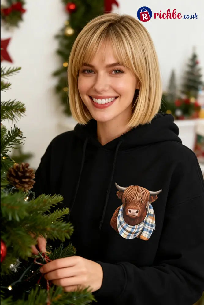 💖LAST DAY SALE 49% OFF!!🎁Cute Highland Cow Cozy Fleece-Lined Hooded Sweatshirt🦬 - Black / S / UK6-8