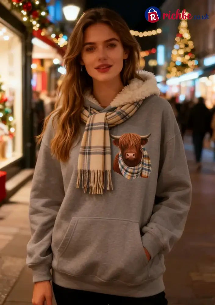 💖LAST DAY SALE 49% OFF!!🎁Cute Highland Cow Cozy Fleece-Lined Hooded Sweatshirt🦬 - Grey / S / UK6-8